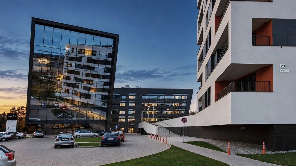NORTH STAR daugiafunkcio komplekso vidinė erdvė – stiklinis administracinio pastato tūris ir gyvenamojo korpuso balkonai.