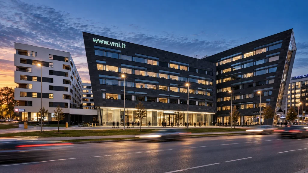 NORTH STAR daugiafunkcio komplekso vakarinis vaizdas – du skulptūriški administracinio pastato tūriai ir gyvenamasis korpusas.