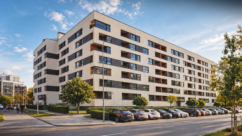 NORTH STAR gyvenamojo korpuso architektūra Vilniuje – šviesus daugiabutis su horizontaliais langais ir įgilintais balkonais.